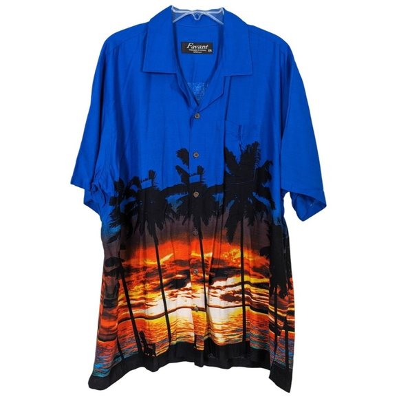 Favant Hawaiian short sleeve blue with sunset palm trees beach sunset‎ shirt XXL - Picture 1 of 8